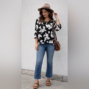 Caribbean Queen black mesh embroidered rose detailed top